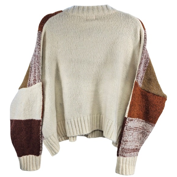 LUNA IVY Patchwork Knit Cardigan Sweater Floral Applique Earth Tones Women's L - Picture 2 of 9